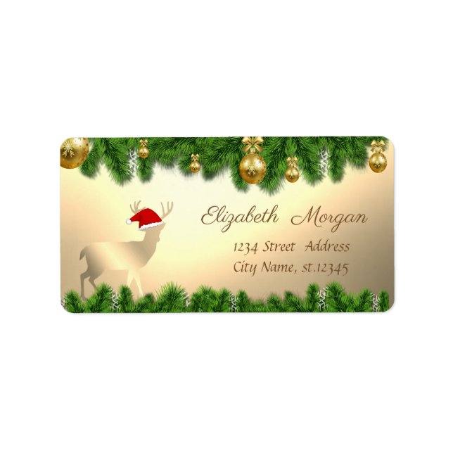 Weihnachtsbaumzweige ,Hirsche-Weihnachtsmannmütze Adressaufkleber (Vorne)