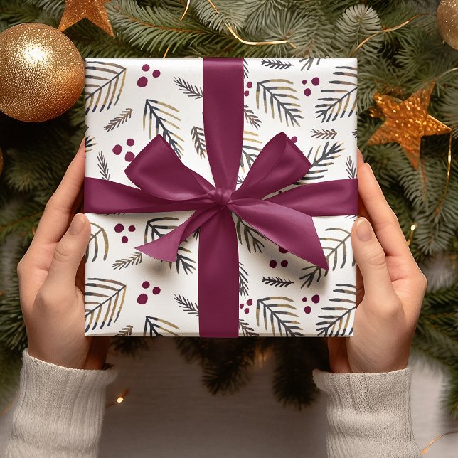 Weihnachtsbaumzweige und -beeren - Bordeaux Geschenkpapier Set (Von Creator hochgeladen)