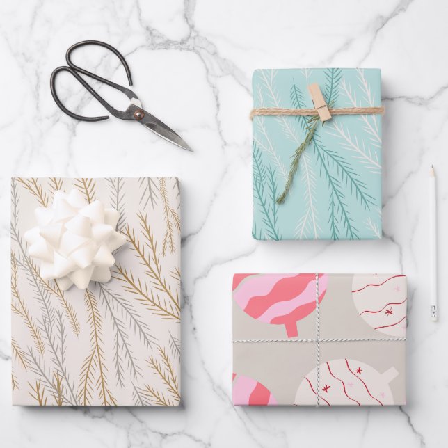 Weihnachtsbaumzweige und Ziermuster Geschenkpapier Set (Vorderseite)