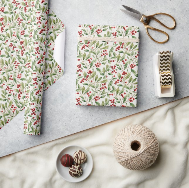 Weihnachtsbeeren: Klassische Grünpflanzen Geschenkpapier (Kunsthandwerk)