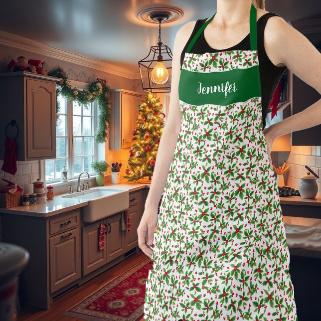 Weihnachtsbeeren-Monogramm-Name Schürze (Holiday holly berries monogram name Christmas Apron. You can add your own name to personalize.)