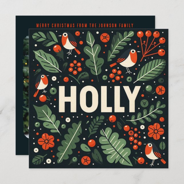 Weihnachtsbeeren und -robinen feiertagskarte (Vorne/Hinten)