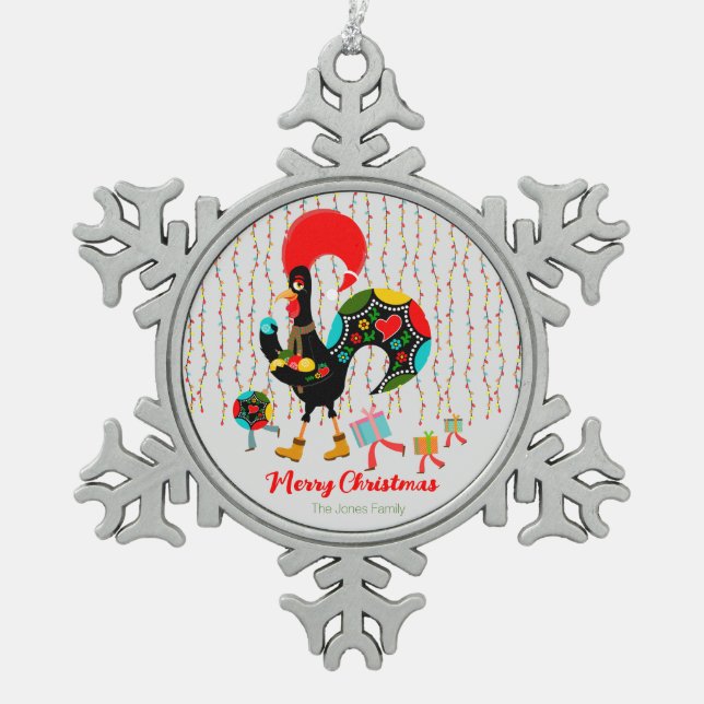 Weihnachtsbeleuchtung, Baubel, Geschenke und Raste Schneeflocken Zinn-Ornament (Vorderseite)