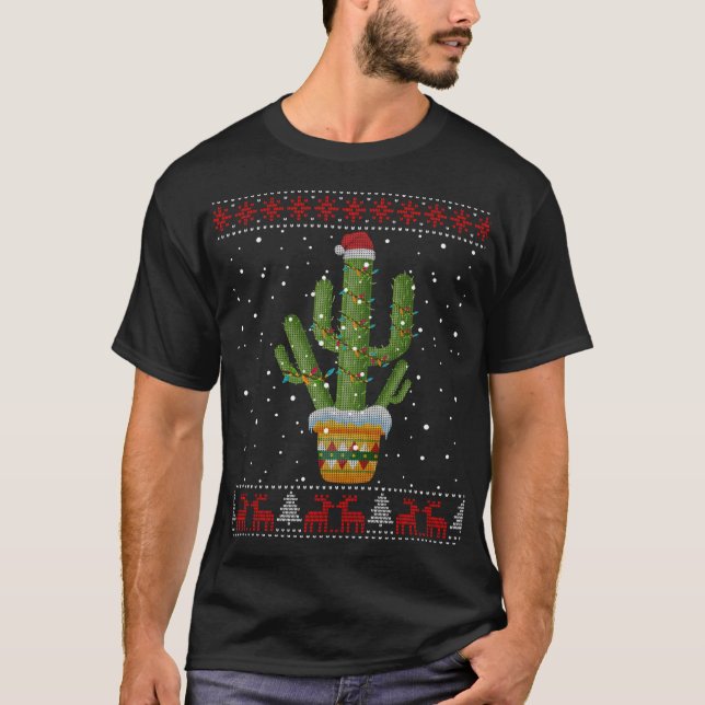 Weihnachtsbeleuchtung Cactus Lover Funny Xmas Ugly T-Shirt (Vorderseite)