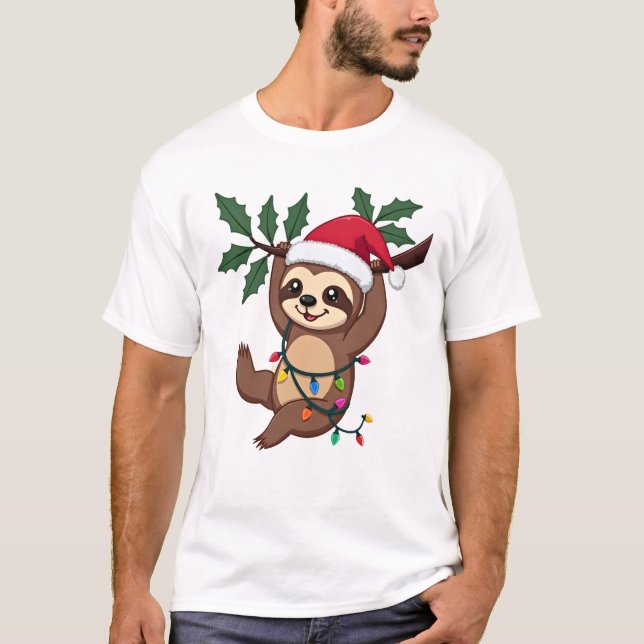 Weihnachtsbeleuchtung Faultier mit Weihnachtshut - T-Shirt (Vorderseite)