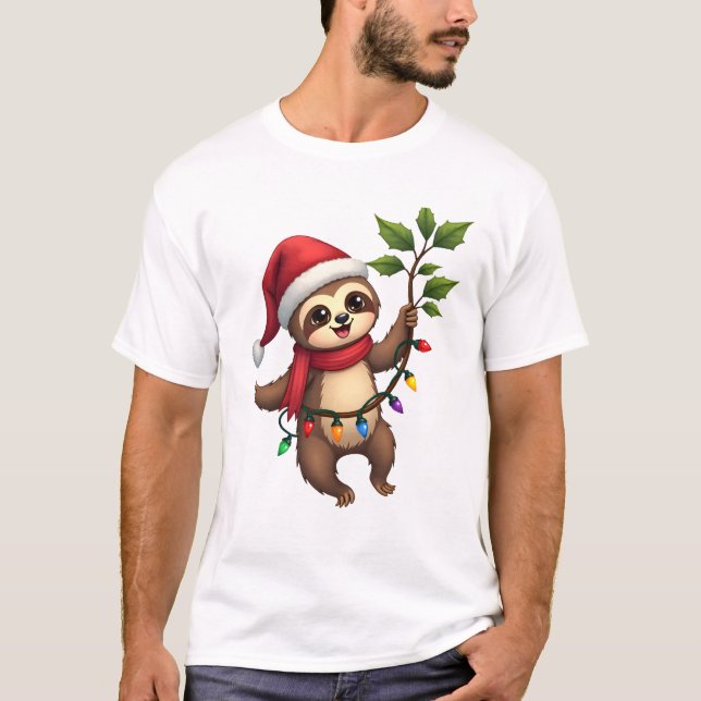Weihnachtsbeleuchtung Faultier mit Weihnachtshut - T-Shirt (Vorderseite)