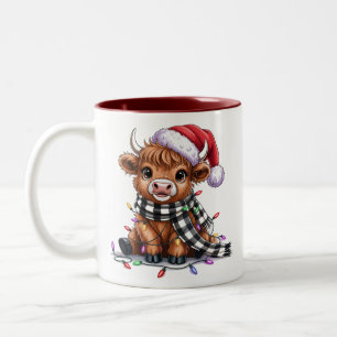 Weihnachtsbeleuchtung Highland-Kuh-Santa-Hut Zweifarbige Tasse