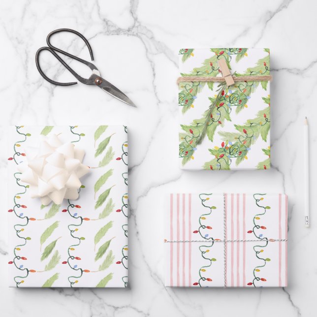 Weihnachtsbeleuchtung in Aquarellfarben Geschenkpapier Set (Vorderseite)