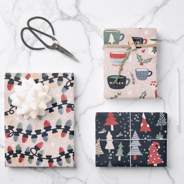 Weihnachtsbeleuchtung, Kleid & Kakao Geschenkpapier Set (Vorderseite)