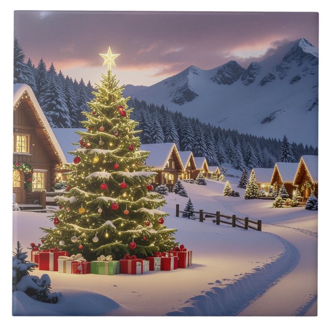 Weihnachtsbeleuchtung Landschaft mit Schnee Fliese (Vorderseite)