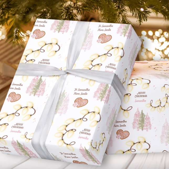 Weihnachtsbeleuchtung Moderner rosa Weißer Individ Geschenkpapier (Christmas Lights Modern Pink White Custom Name Wrapping Paper)