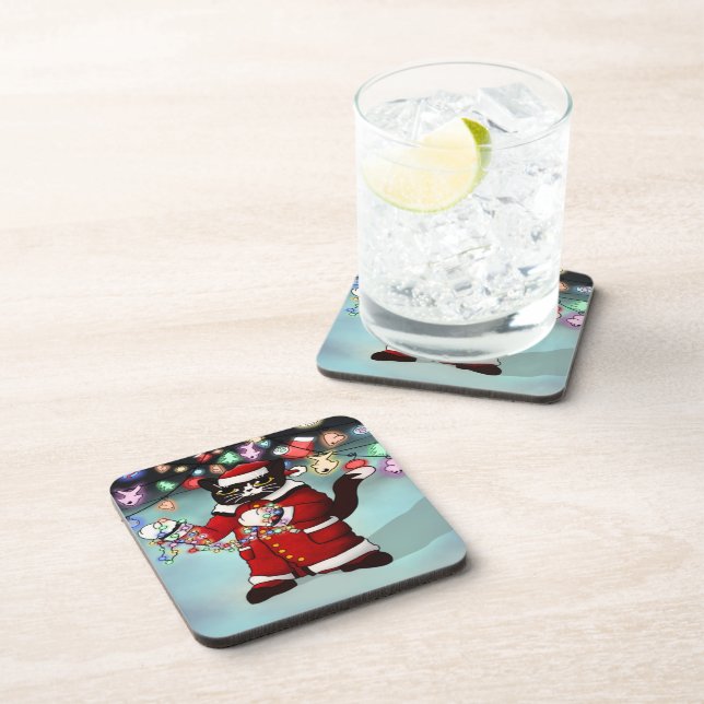 Weihnachtsbeleuchtung Niedlich Tuxedo Cat Getränkeuntersetzer (Rechte Seite)