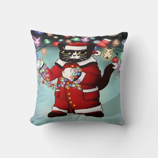 Weihnachtsbeleuchtung Niedlich Tuxedo Cat Kissen (Vorderseite)
