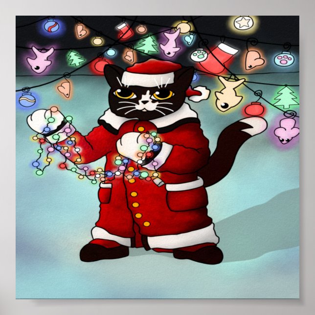 Weihnachtsbeleuchtung Niedlich Tuxedo Cat Poster (Vorne)