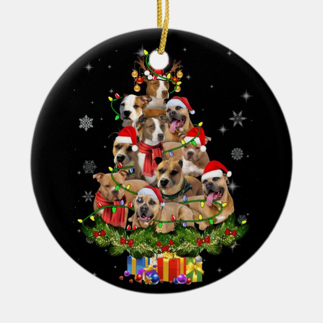 Weihnachtsbeleuchtung Pitbull Weihnachtsmannmütze  Keramik Ornament (Vorne)