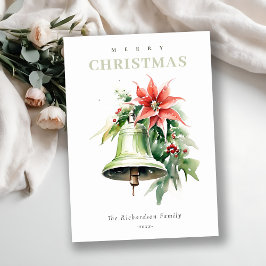 Weihnachtsbell Pine Poinsettia Foliage Wasserfarbe Feiertagskarte