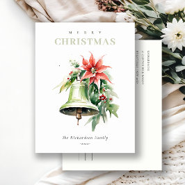 Weihnachtsbell Pine Poinsettia Foliage Wasserfarbe Feiertagspostkarte