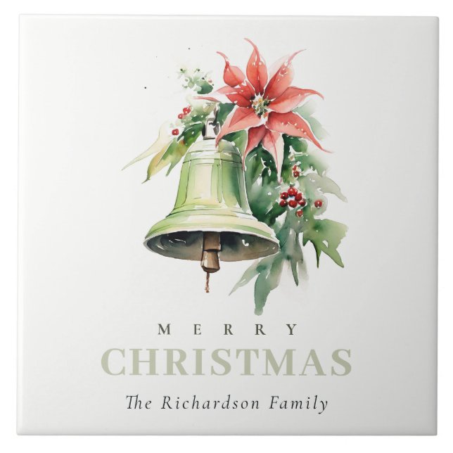 Weihnachtsbell Pine Poinsettia Foliage Wasserfarbe Fliese (Vorderseite)