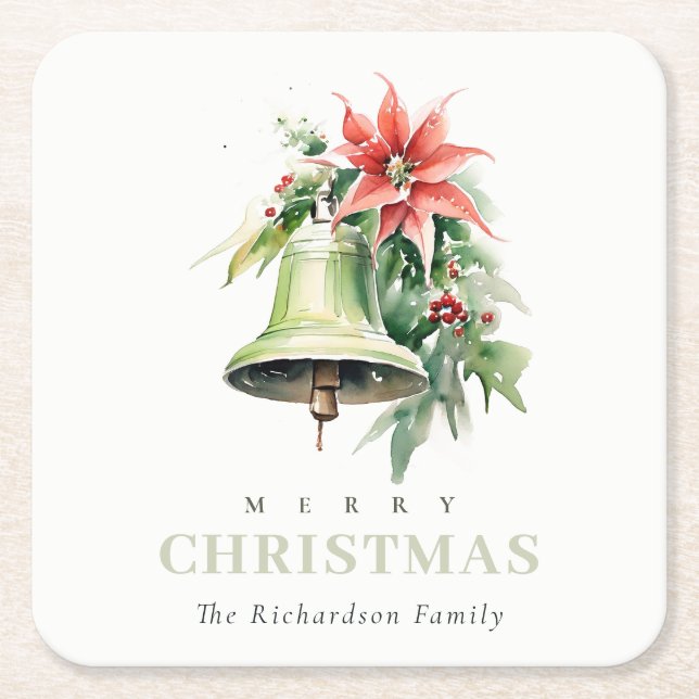 Weihnachtsbell Pine Poinsettia Foliage Wasserfarbe Rechteckiger Pappuntersetzer (Vorderseite)
