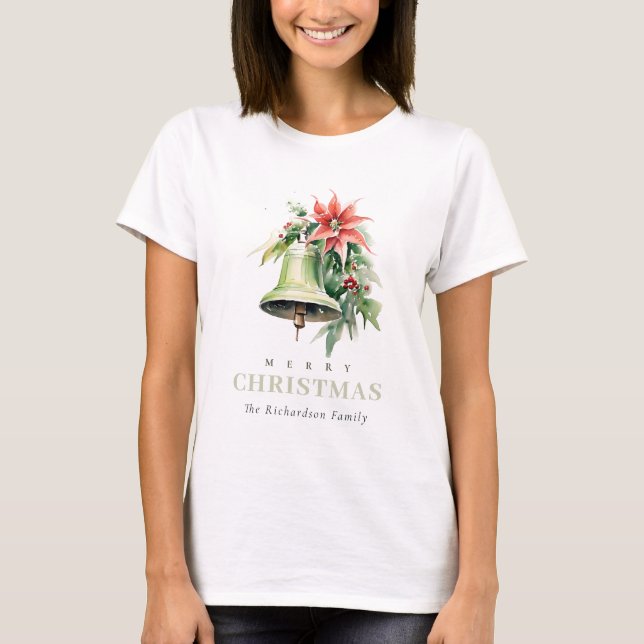 Weihnachtsbell Pine Poinsettia Foliage Wasserfarbe T-Shirt (Vorderseite)