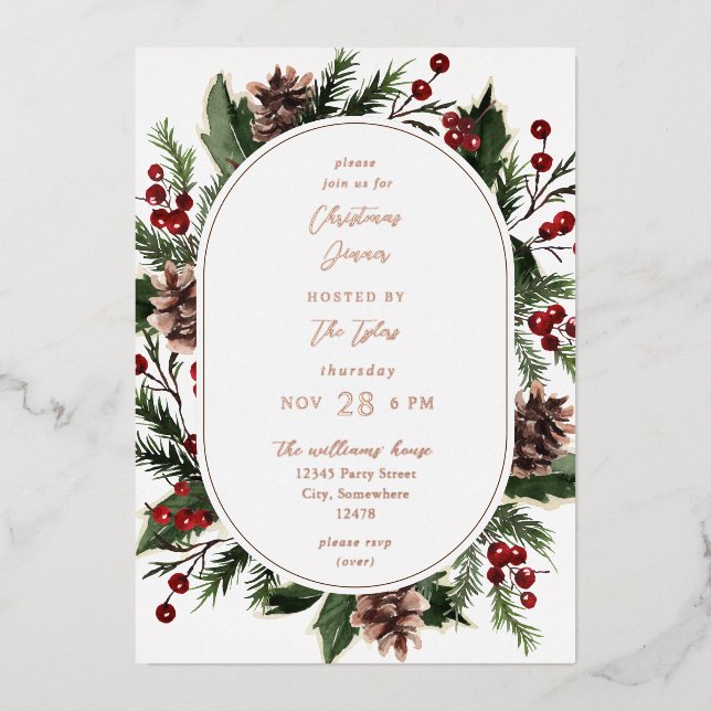 Weihnachtsberries & Pine Weihnachtsessen oder Part Folieneinladung (Vorderseite)