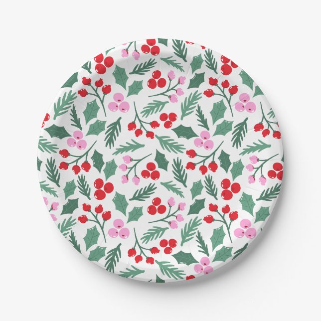 Weihnachtsberries und Blätter Muster Pappteller (Vorderseite)
