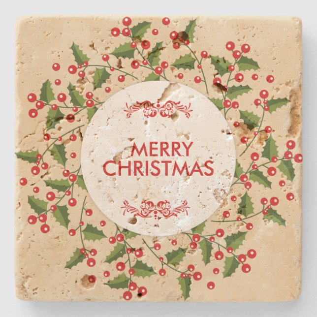 Weihnachtsberries und Evergreen Kranz Steinuntersetzer (Vorderseite)