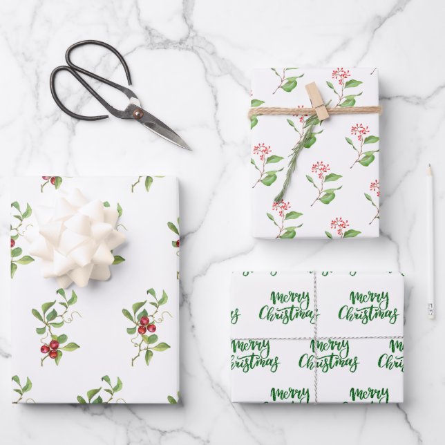 Weihnachtsberries und Foliage Assorted Gift Wrap Geschenkpapier Set (Vorderseite)