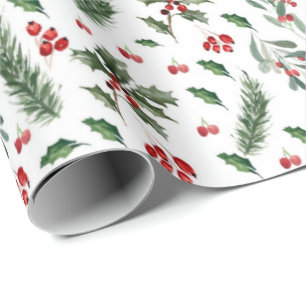 Weihnachtsberries und Grüne Blätter Muster Geschenkpapier
