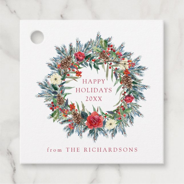 Weihnachtsberries und Pine Wreath Kraft Geschenkanhänger (Vorderseite)