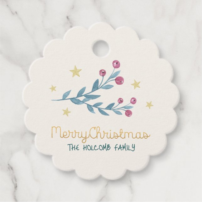 Weihnachtsberries und Stars Gold Weihnachten Geschenkanhänger (Vorderseite)