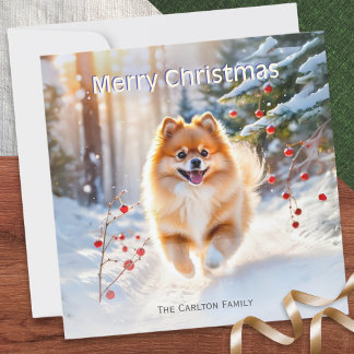Weihnachtsbild mit Pomeranian Hund Frohe Weihnacht Feiertagskarte
