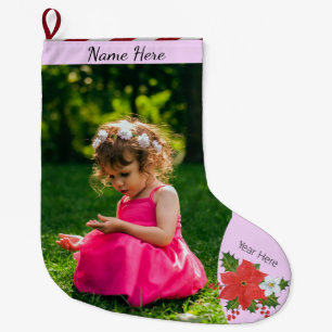 Weihnachtsbild/Text Poinsettia Blumenstreifen Großer Weihnachtsstrumpf