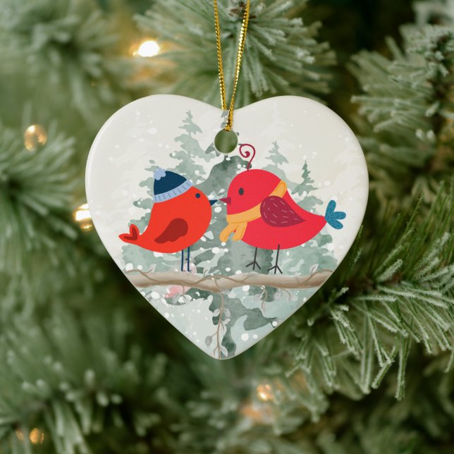 Weihnachtsbird Couple - Keramik Herzdekoration Ornament (Baum)