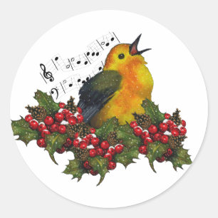 Weihnachtsbird mit Hollly, Berries Runder Aufkleber