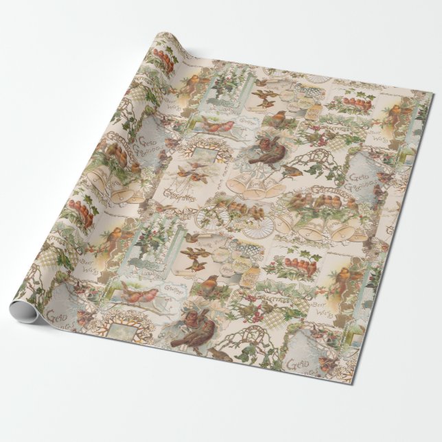 Weihnachtsbird und Blume Ephemera Geschenkpapier (Ungerollt)