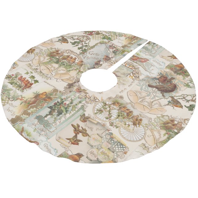 Weihnachtsbird und Blume Ephemera Polyester Weihnachtsbaumdecke (Schrägansicht)