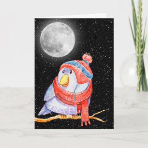 Weihnachtsbird und Mond mit Schneeflocken Karte