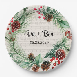 Weihnachtsblatt Music Red Berry Wreath Wedding Pappteller