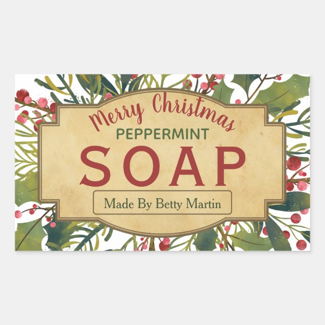 Weihnachtsblätter Mistletoe Holly Soap Labels Rechteckiger Aufkleber (Vorderseite)