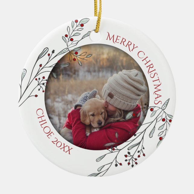 Weihnachtsblätter und Berries Keramik Ornament (Vorne)