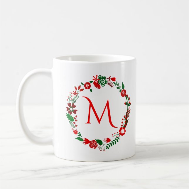 Weihnachtsblätter und Blume mit Monogramm Kaffeetasse (Links)