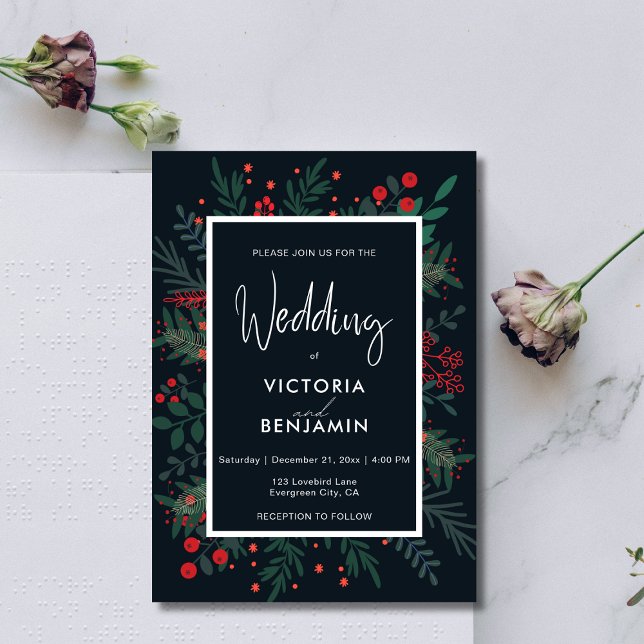 Weihnachtsblättern Elegante Blumenblütenhochzeit Einladung (Christmas Foliage Elegant Floral Dark Wedding Invitation)