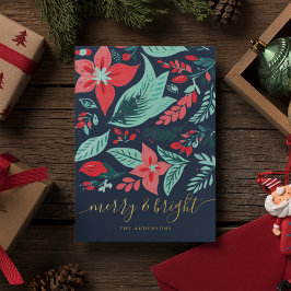 Weihnachtsblau Botanisches Rot Florales Muster Gol Folien Feiertagskarte
