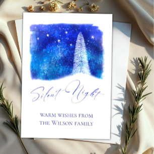 Weihnachtsblau und weiß Stille Nacht Schneebaum Feiertagskarte