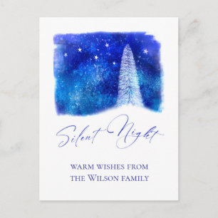Weihnachtsblau und weiß Stille Nacht Schneebaum Feiertagspostkarte
