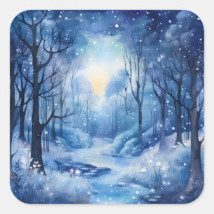 Weihnachtsblaue Bäume Wälder Fluss Schnee Szene Quadratischer Aufkleber