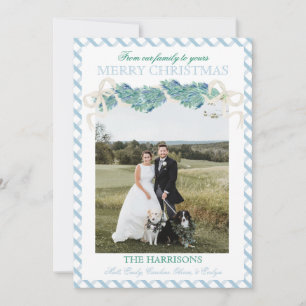 Weihnachtsblaue Gingham-Girlande Ein Foto Vintage Feiertagskarte