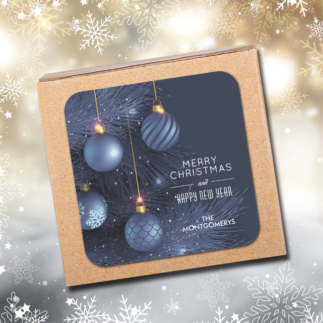 Weihnachtsblaue Ornamente Quadratischer Aufkleber (Blue Christmas tree and blue ornaments square stickers)