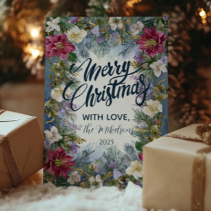 Weihnachtsblaue und violette Blumenmuster Feiertagskarte